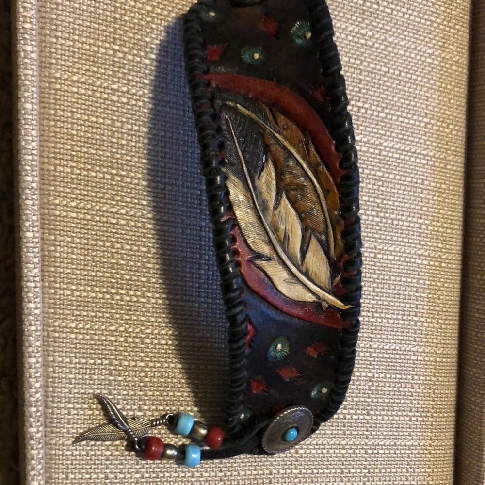 Hand tooled Leather Feather Bracelet with Beads - signed